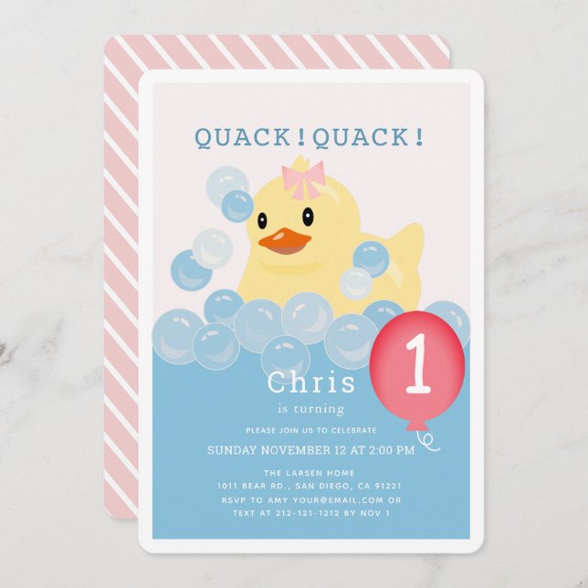 Rubber Ducky Pink Girl 1st Birthday Invitation (Front/Back)