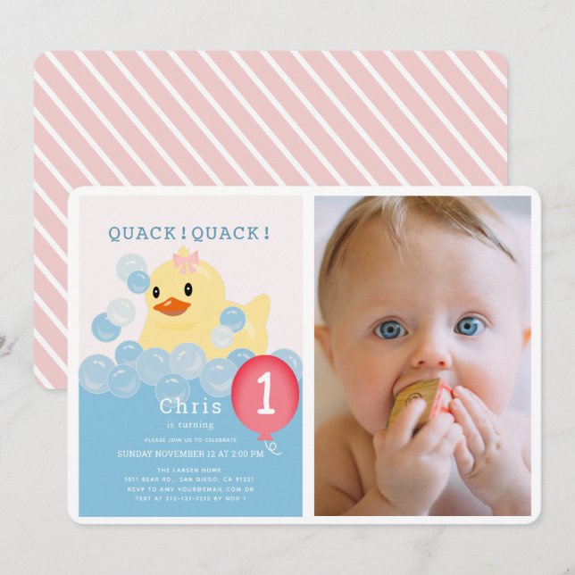 Rubber Ducky Pink Girl Photo 1st Birthday Invitation (Front/Back)