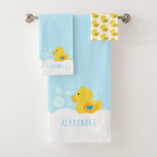 Rubber Ducky With Blue Heart Bath Towel Set