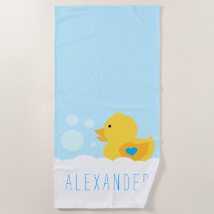 Rubber Ducky With Blue Heart Beach Towel