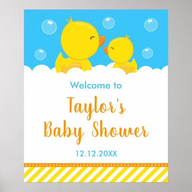 Rubber Ducky Yellow and Blue Baby Shower Welcome Poster (Front)