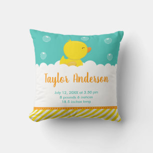 Rubber Ducky Yellow and Green Birth Statistics Cushion