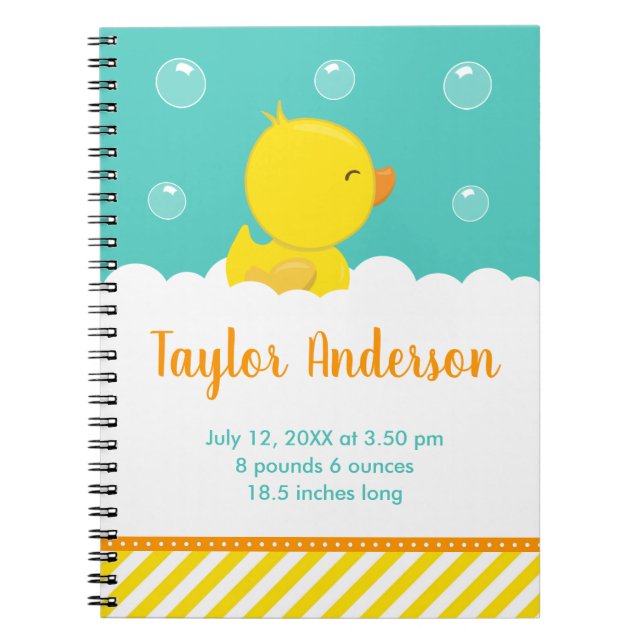 Rubber Ducky Yellow and Green Birth Statistics Notebook (Front)
