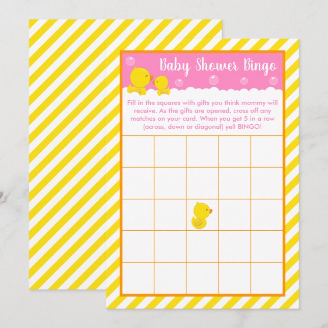 Rubber Ducky Yellow and Pink Baby Shower Bingo Invitation (Front/Back)