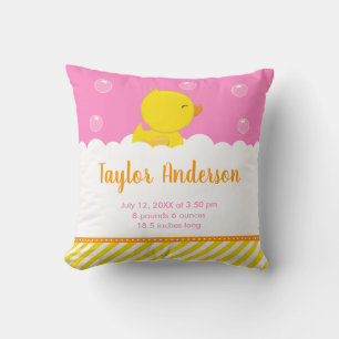 Rubber Ducky Yellow and Pink Birth Statistics Cushion
