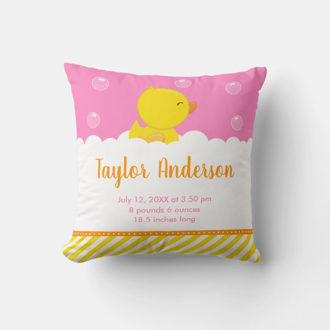 Rubber Ducky Yellow and Pink Birth Statistics Cushion (Front)