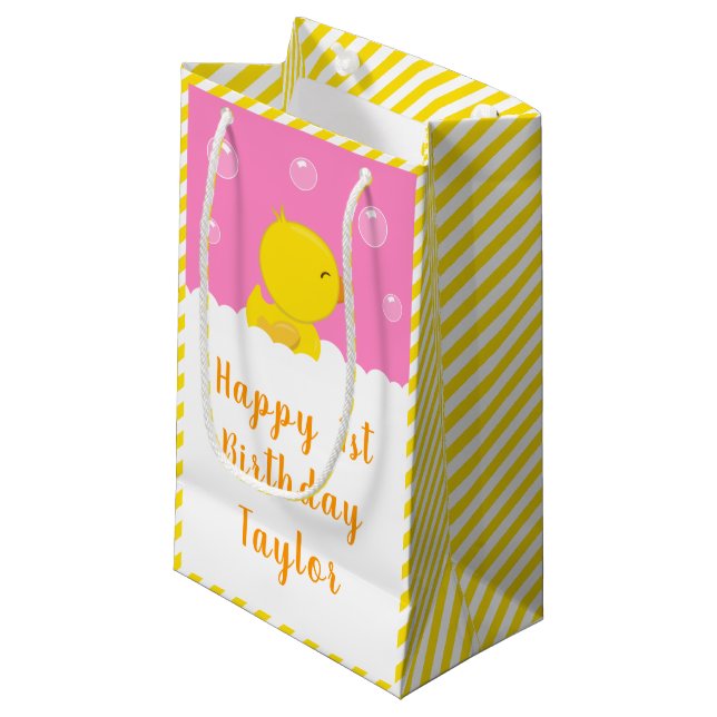 Rubber Ducky Yellow and Pink Happy Birthday Small Gift Bag (Front Angled)