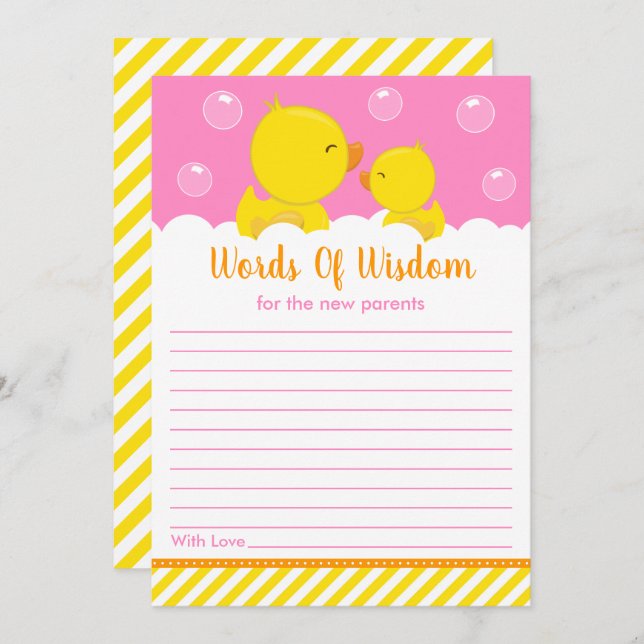 Rubber Ducky Yellow and Pink Words of Wisdom Invitation (Front/Back)