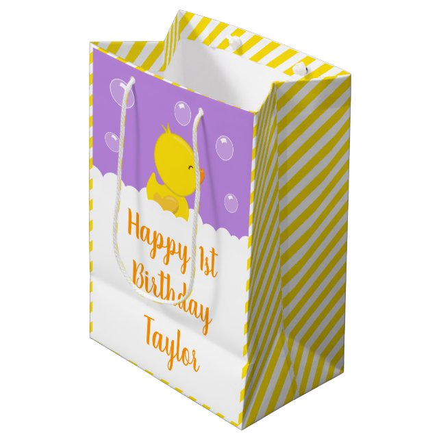 Rubber Ducky Yellow and Purple Happy Birthday Medium Gift Bag (Front Angled)