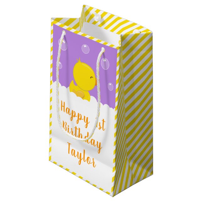 Rubber Ducky Yellow and Purple Happy Birthday Small Gift Bag (Front Angled)
