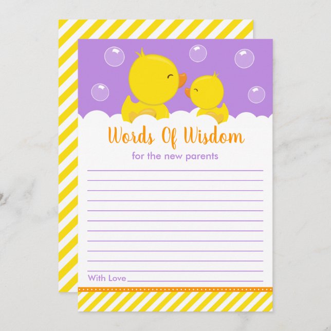 Rubber Ducky Yellow and Purple Words of Wisdom Invitation (Front/Back)