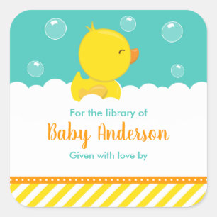 Rubber Ducky Yellow Green Baby Library Bookplate Square Sticker