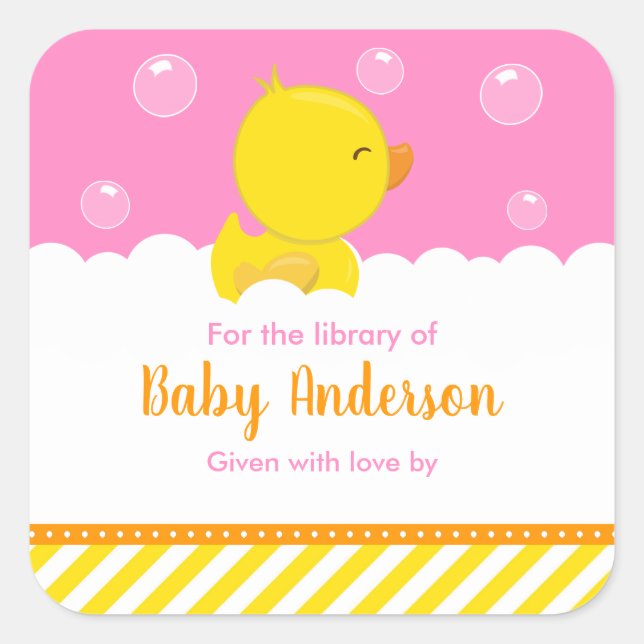 Rubber Ducky Yellow Pink Baby Library Bookplate Square Sticker (Front)