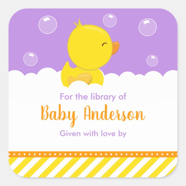 Rubber Ducky Yellow Purple Baby Library Bookplate Square Sticker (Front)