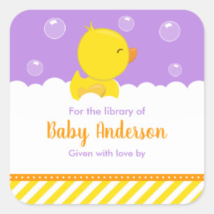 Rubber Ducky Yellow Purple Baby Library Bookplate Square Sticker
