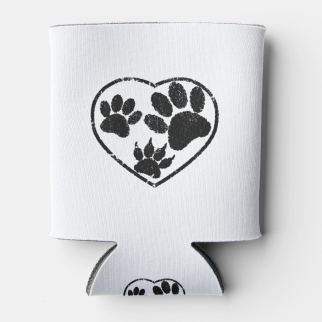 Rubber Stamped Heart And Pet Paw Prints Can Cooler (Front)