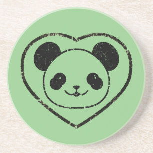 Rubber Stamped Panda Bear And Heart Coaster