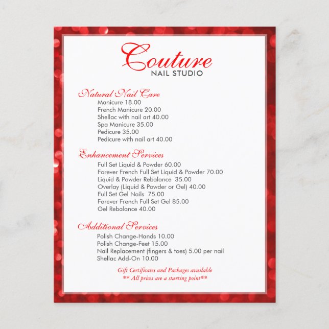 Rubby-Red Bokeh Glitter Menu List (Front)