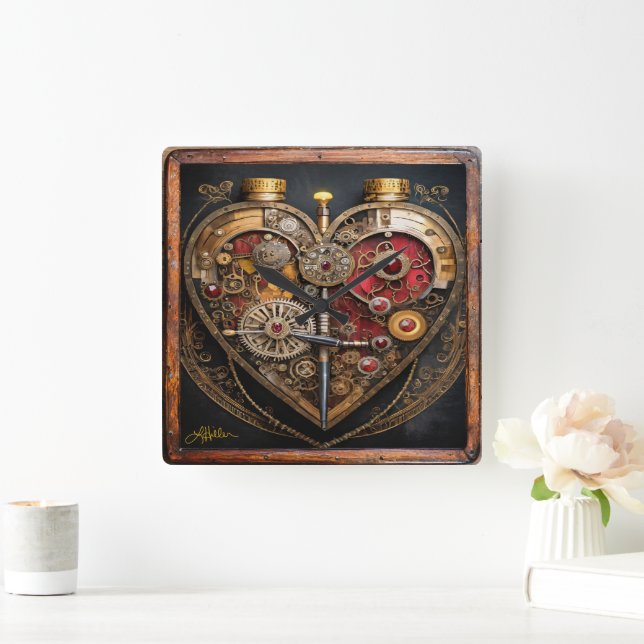 Rubies And Gears Heart Steampunk Series Square Wall Clock (Home)