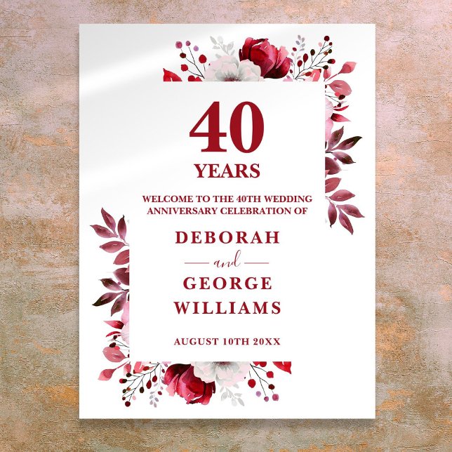 Ruby 40th Elegant Wedding Anniversary Welcome Sign (Ruby 40th Elegant Wedding Anniversary Welcome Sign)