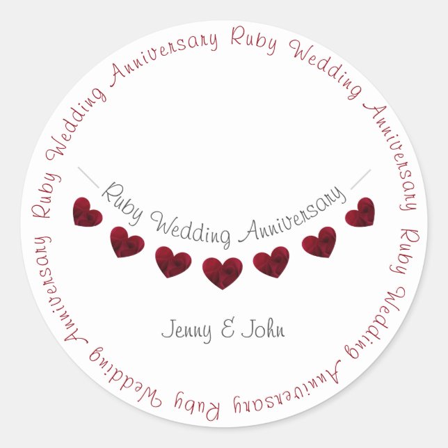 Ruby 40th Wedding Anniversary heart bunting Classic Round Sticker (Front)
