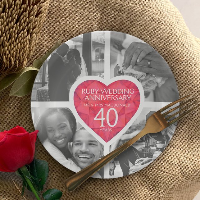 Ruby 40th wedding Anniversary heart four photos Paper Plate (Creator Uploaded)