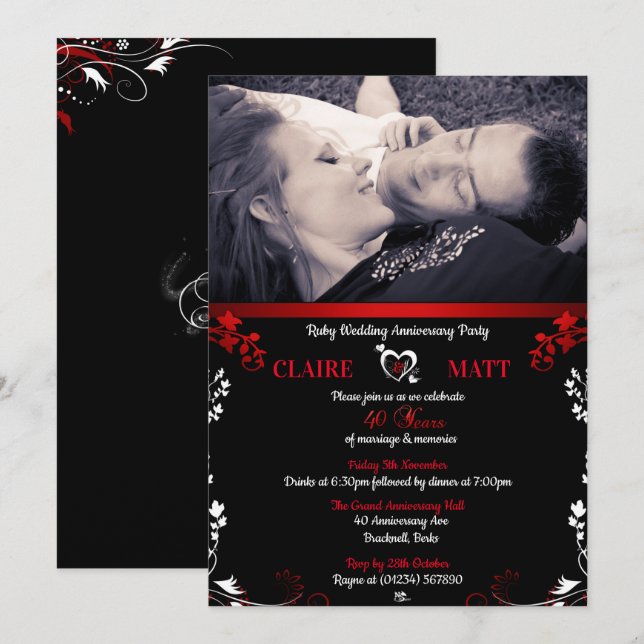 Ruby 40th Wedding Anniversary Photo Invitations (Front/Back)