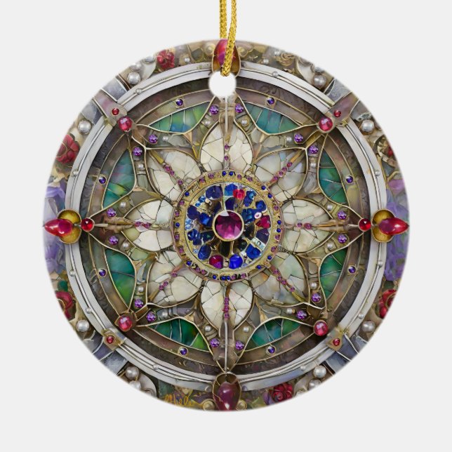 Ruby, Amethyst, Sapphire and, Pearl Mandala Ceramic Ornament (Front)