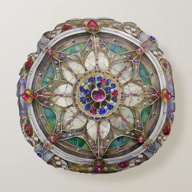 Ruby, Amethyst, Sapphire and, Pearl Mandala Round Cushion (Front)