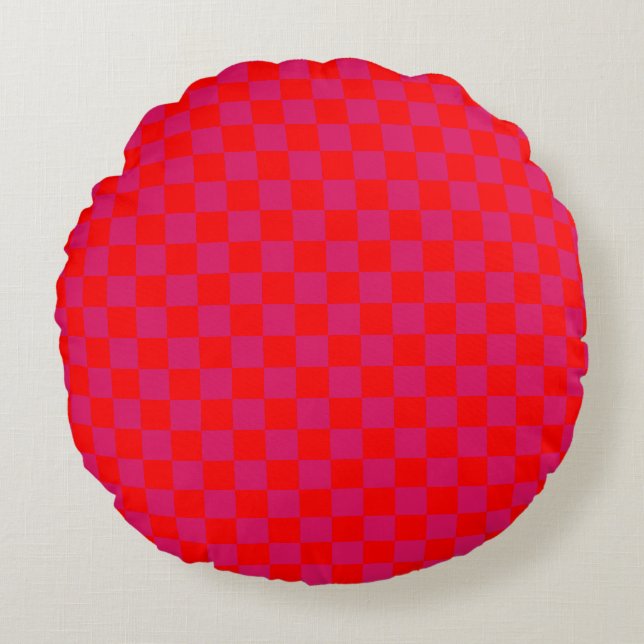 Ruby and Red Chequered Vintage Round Cushion (Front)