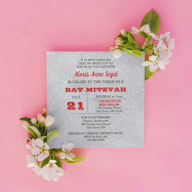 Ruby and Silver Glitter Glam Bat Mitzvah Invitation (Creator Uploaded)