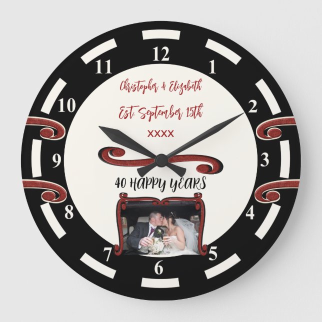 Ruby Anniversary 40 years add names photo black Large Clock (Front)