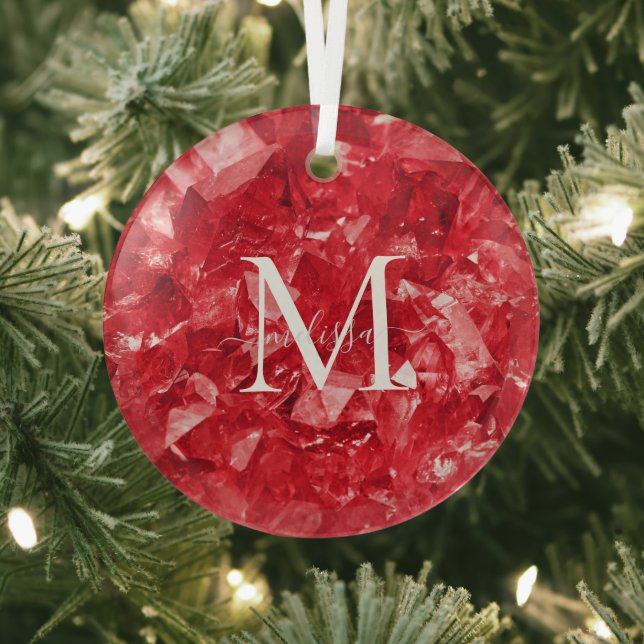 Ruby Birthstone Monogram Personalised Name Glass Tree Decoration (Insitu)