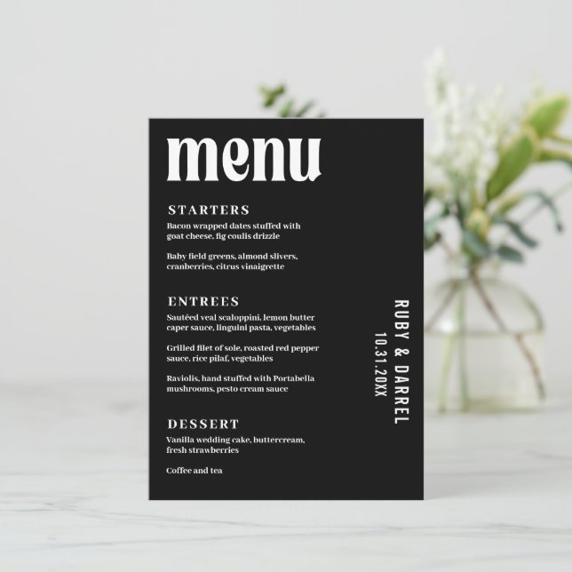 Ruby Black Modern Wedding Menu (Standing Front)
