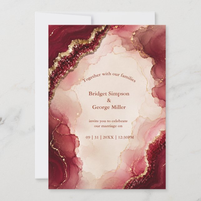 Ruby Burgundy Agate Luxe marble Wedding Invitation (Front)