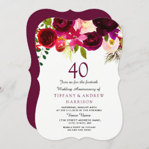 Ruby Burgundy Red Floral 40th Wedding Anniversary Invitation