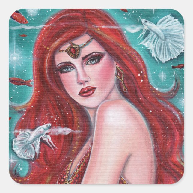 Ruby Carmina mermaid with white bettas fantasy art Square Sticker (Front)