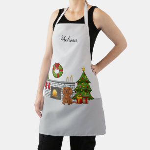 Ruby Cavalier Dog In A Christmas Room & Name Apron