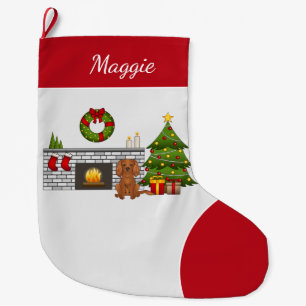 Ruby Cavalier Dog In A Christmas Room & Name Large Christmas Stocking