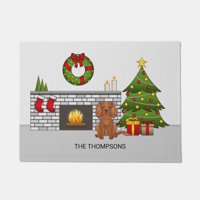 Ruby Cavalier Dog In A Christmas Room & Text Doormat (Front)