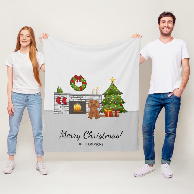 Ruby Cavalier Dog In A Christmas Room & Text Fleece Blanket (In Situ)