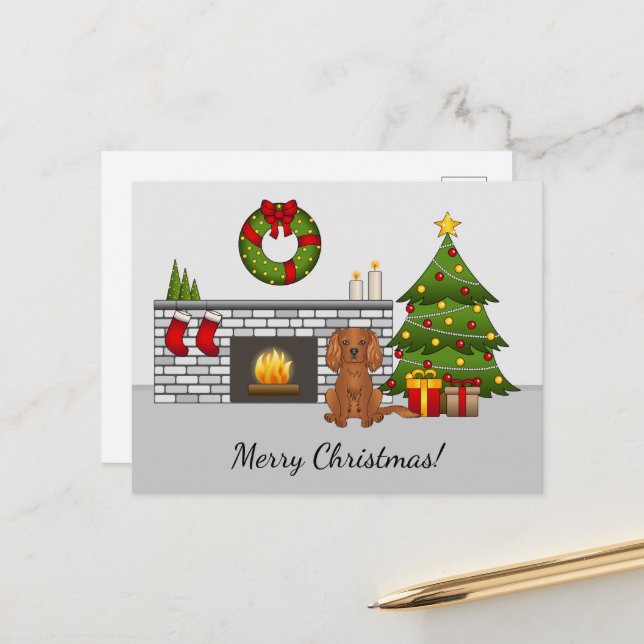 Ruby Cavalier Dog In A Christmas Room & Text Postcard (Front/Back In Situ)