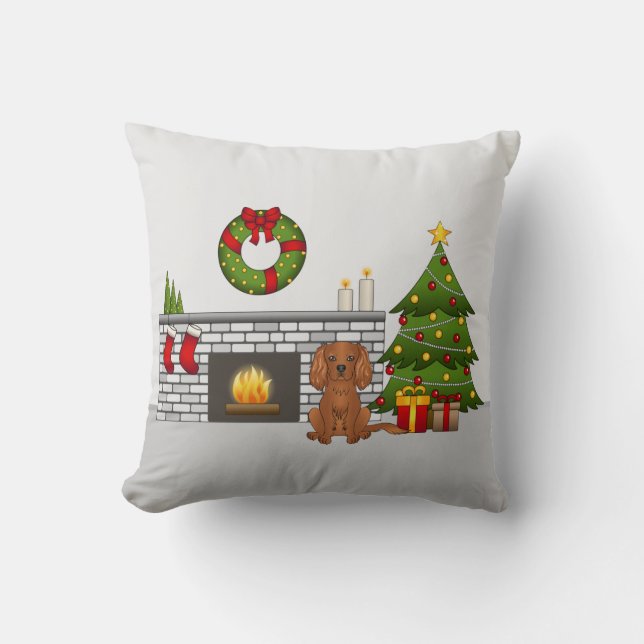 Ruby Cavalier Dog In A Festive Christmas Room Cushion (Front)