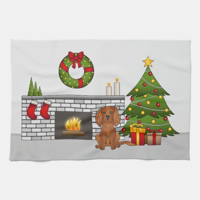 Ruby Cavalier Dog In A Festive Christmas Room Tea Towel (Horizontal)