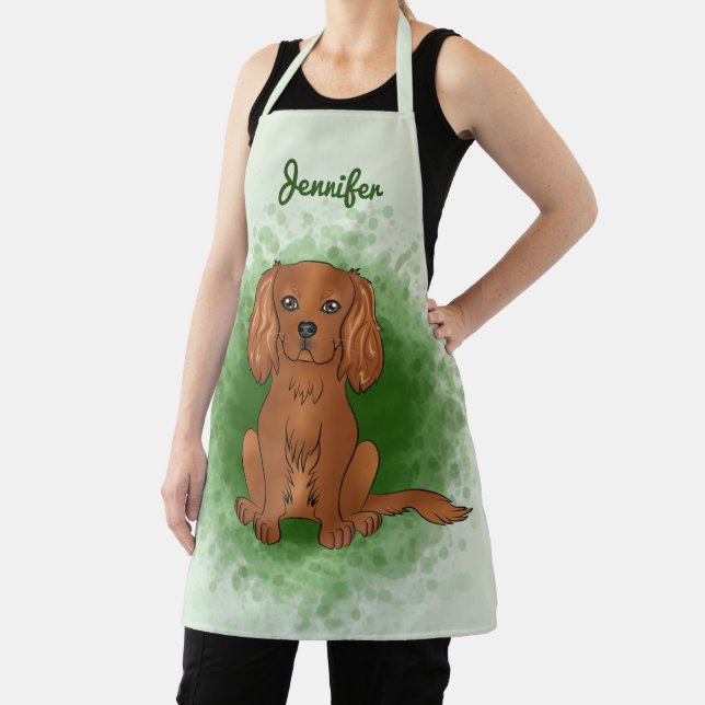 Ruby Cavalier King Charles Spaniel Dog On Green Apron (Insitu)