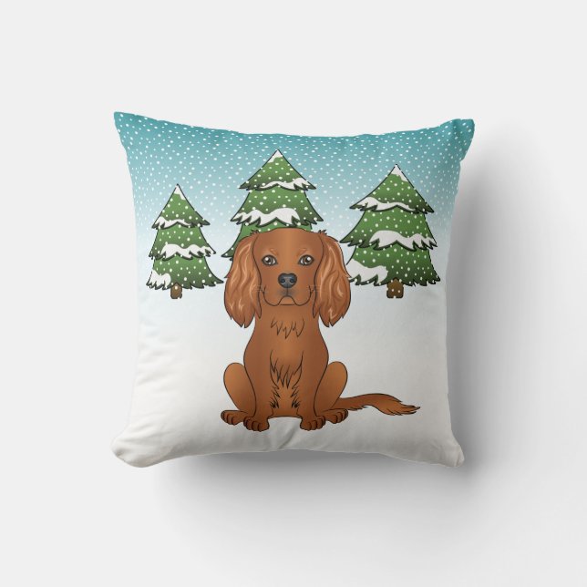 Ruby Cavalier King Charles Spaniel In Winter Cushion (Front)