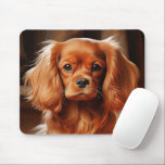 Ruby Cavalier King Charles Spaniel Mouse Pad<br><div class="desc">A close-up portrait of a Ruby Cavalier King Charles Spaniel. The dog is sitting on a soft, orange fabric with its paws neatly placed in front of it. Its large, dark eyes gaze directly at the viewer, conveying a sense of warmth and affection. The dog's fur is meticulously detailed, showcasing...</div>