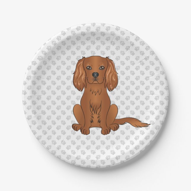 Ruby Cavalier King Charles Spaniel & Paws Paper Plate (Front)