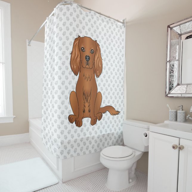 Ruby Cavalier King Charles Spaniel & Paws Shower Curtain (In Situ)