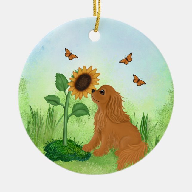 Ruby Cavalier King Charles Spaniel with Sunflower Ceramic Ornament (Front)